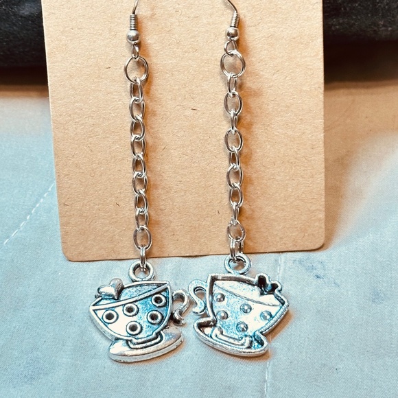 Silver Tone Coffee Cup Earrings on Hook w/Long Dangle Chain - Picture 1 of 4
